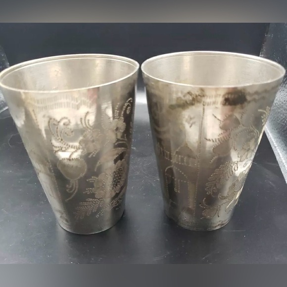 Antique Silver Cup Pair With Hammered Islamic Design Mosque  Antique Silver Cup Pair with Hammered Islamic Design Mosque & Floral Motif